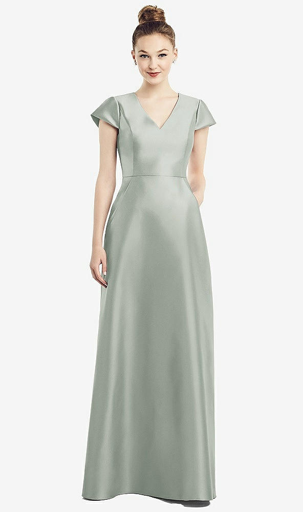 Front View - Willow Green Cap Sleeve V-Neck Satin Gown with Pockets
