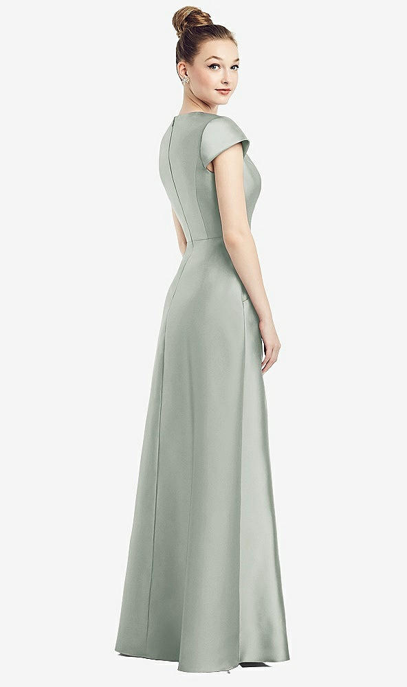 Back View - Willow Green Cap Sleeve V-Neck Satin Gown with Pockets