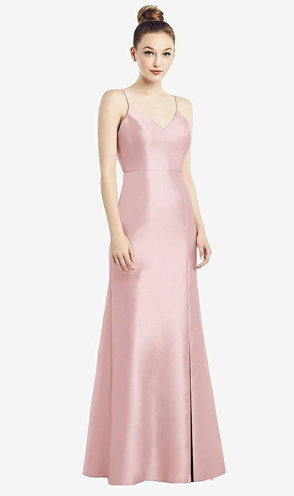 Back View - Ballet Pink Open-Back Bow Tie Satin Trumpet Gown