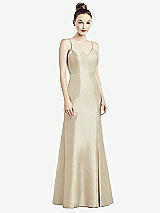 Rear View Thumbnail - Champagne Open-Back Bow Tie Satin Trumpet Gown