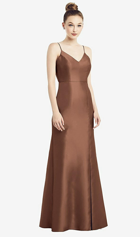 Back View - Cognac Open-Back Bow Tie Satin Trumpet Gown