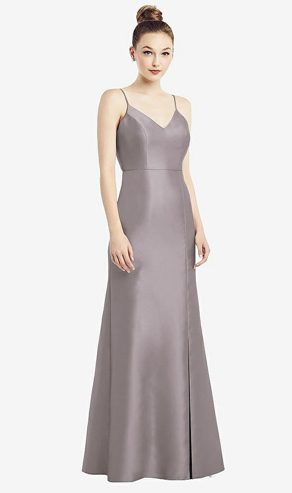 Back View - Cashmere Gray Open-Back Bow Tie Satin Trumpet Gown