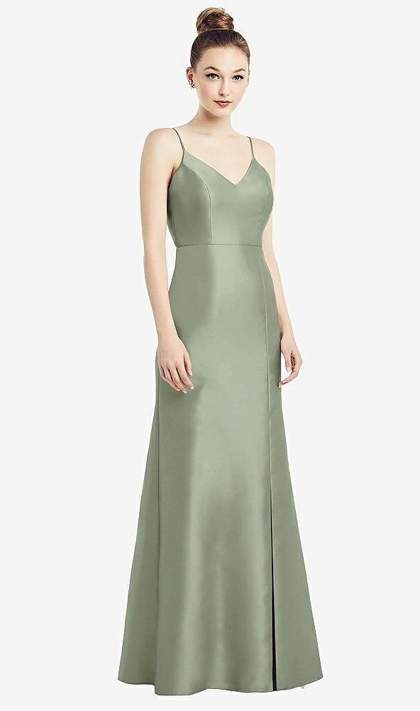 Back View - Sage Open-Back Bow Tie Satin Trumpet Gown