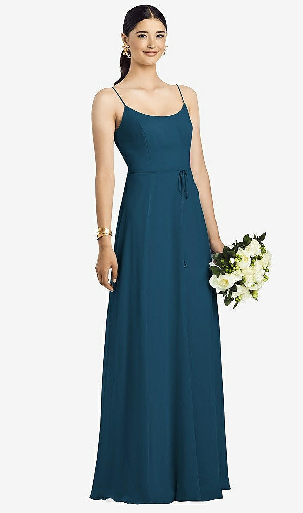 Front View - Atlantic Blue Spaghetti Strap Chiffon Maxi Dress with Jeweled Sash