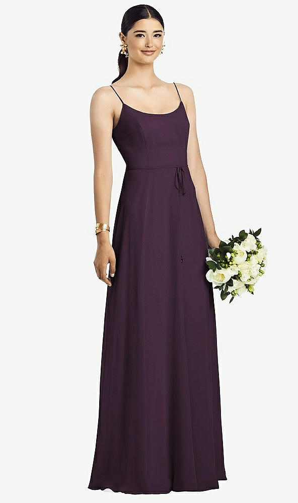 Front View - Aubergine Spaghetti Strap Chiffon Maxi Dress with Jeweled Sash
