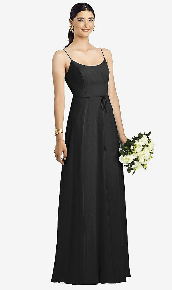 Front View - Black Spaghetti Strap Chiffon Maxi Dress with Jeweled Sash