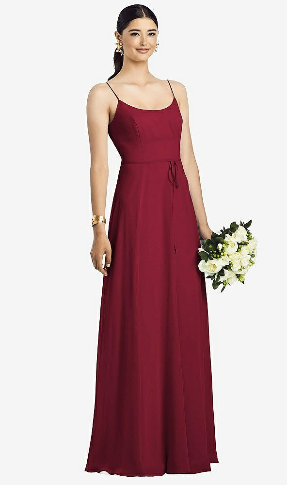 Front View - Burgundy Spaghetti Strap Chiffon Maxi Dress with Jeweled Sash