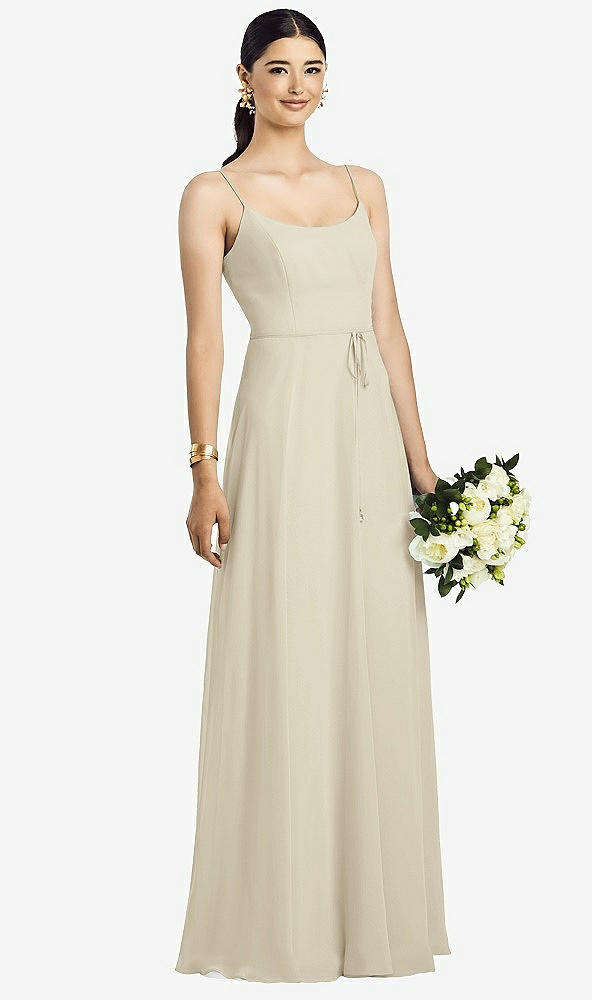 Front View - Champagne Spaghetti Strap Chiffon Maxi Dress with Jeweled Sash