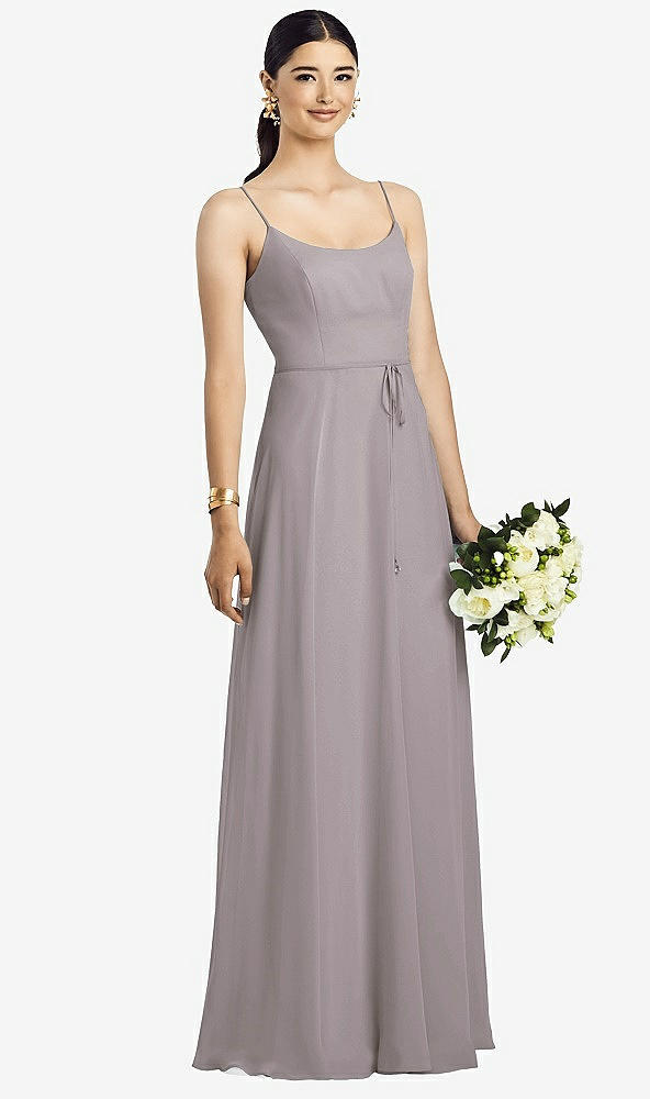 Front View - Cashmere Gray Spaghetti Strap Chiffon Maxi Dress with Jeweled Sash