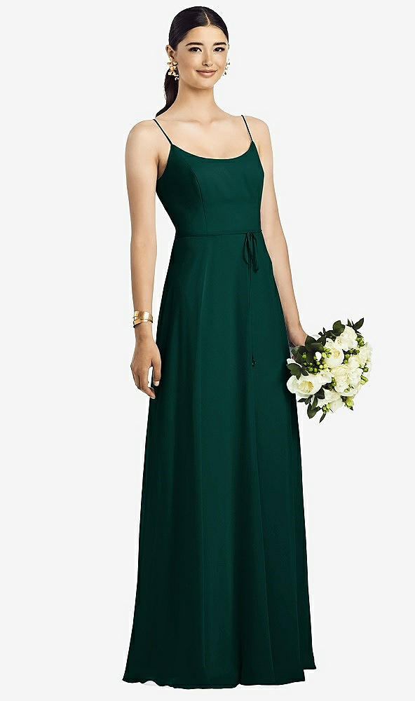 Front View - Evergreen Spaghetti Strap Chiffon Maxi Dress with Jeweled Sash