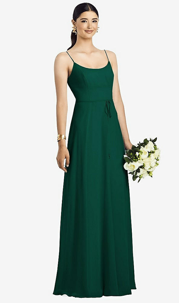 Front View - Hunter Green Spaghetti Strap Chiffon Maxi Dress with Jeweled Sash