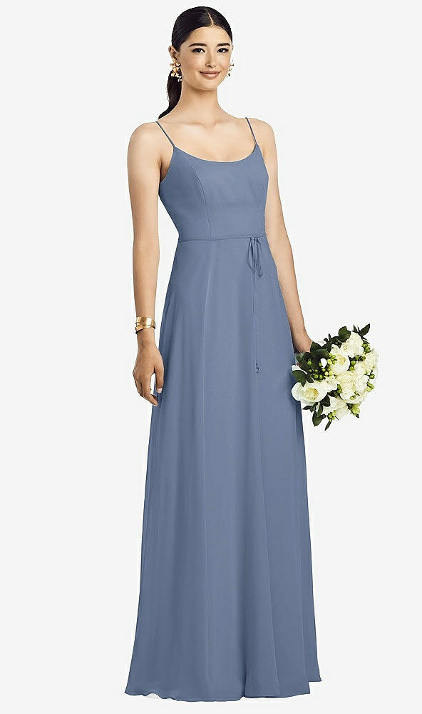 Front View - Larkspur Blue Spaghetti Strap Chiffon Maxi Dress with Jeweled Sash