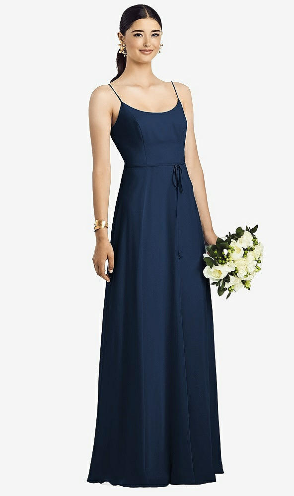 Front View - Midnight Navy Spaghetti Strap Chiffon Maxi Dress with Jeweled Sash