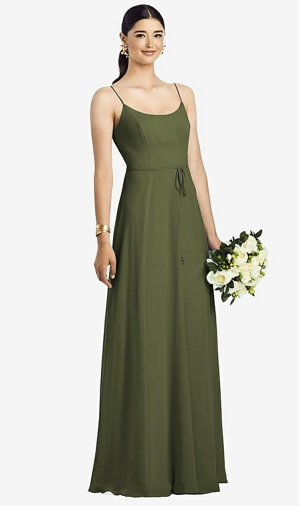 Front View - Olive Green Spaghetti Strap Chiffon Maxi Dress with Jeweled Sash