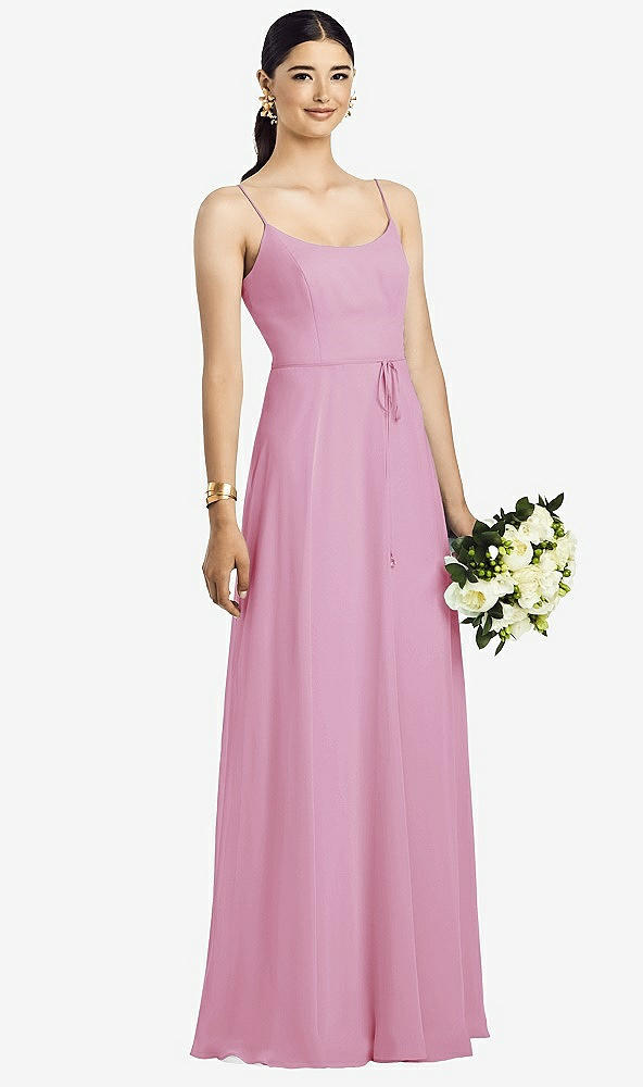 Front View - Powder Pink Spaghetti Strap Chiffon Maxi Dress with Jeweled Sash