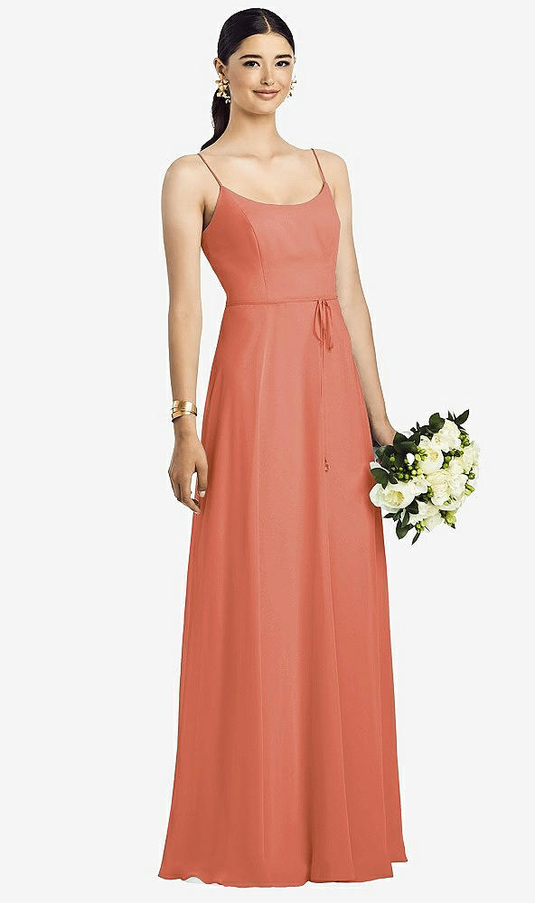 Front View - Terracotta Copper Spaghetti Strap Chiffon Maxi Dress with Jeweled Sash