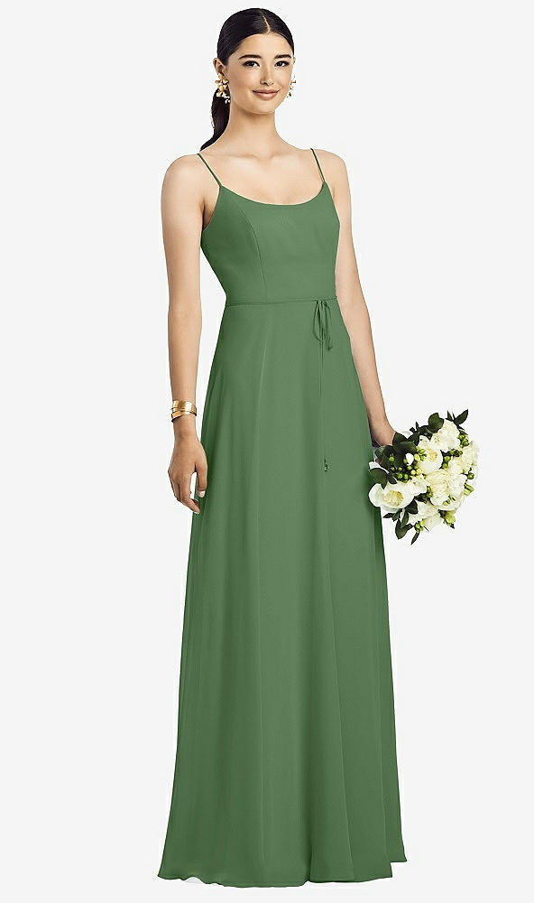 Front View - Vineyard Green Spaghetti Strap Chiffon Maxi Dress with Jeweled Sash