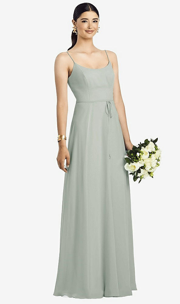 Front View - Willow Green Spaghetti Strap Chiffon Maxi Dress with Jeweled Sash