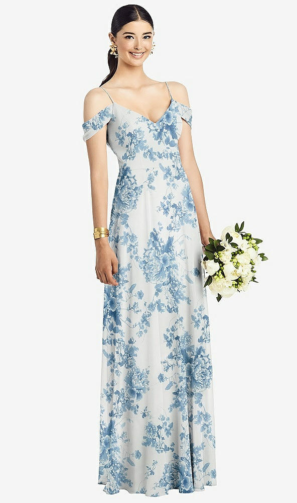 Front View - Cottage Rose Dusk Blue Cold-Shoulder V-Back Chiffon Maxi Dress