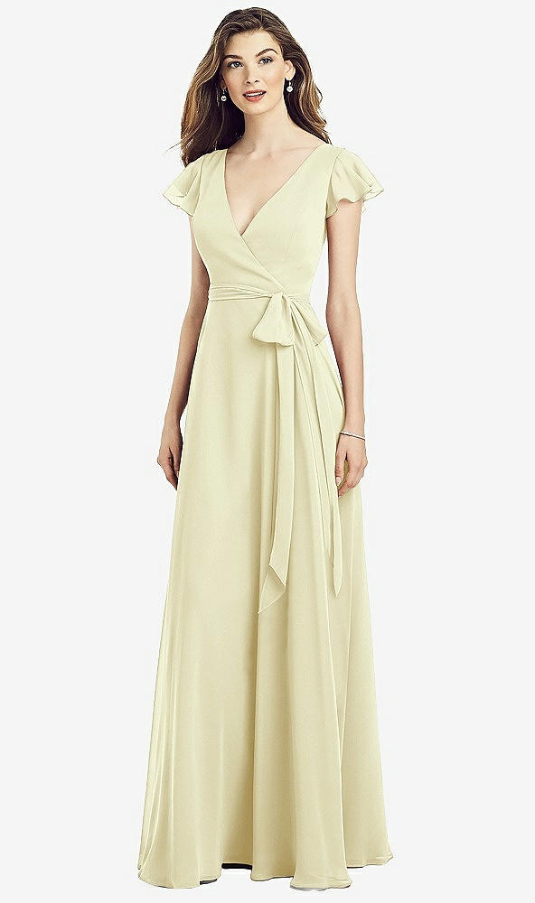 Front View - Butter Yellow Flutter Sleeve Faux Wrap Chiffon Dress