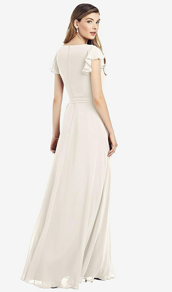 Back View - Ivory Flutter Sleeve Faux Wrap Chiffon Dress