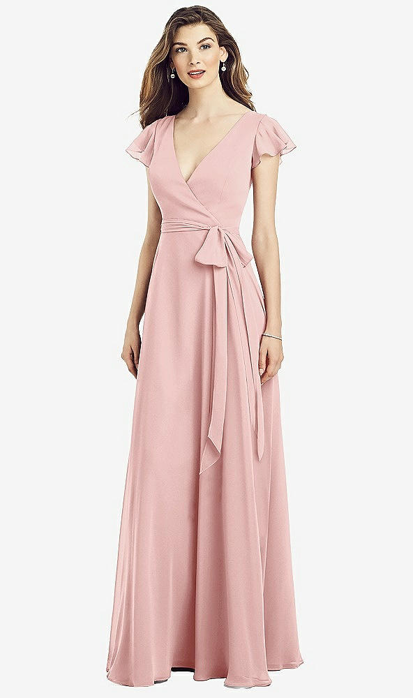 Front View - Rose Flutter Sleeve Faux Wrap Chiffon Dress