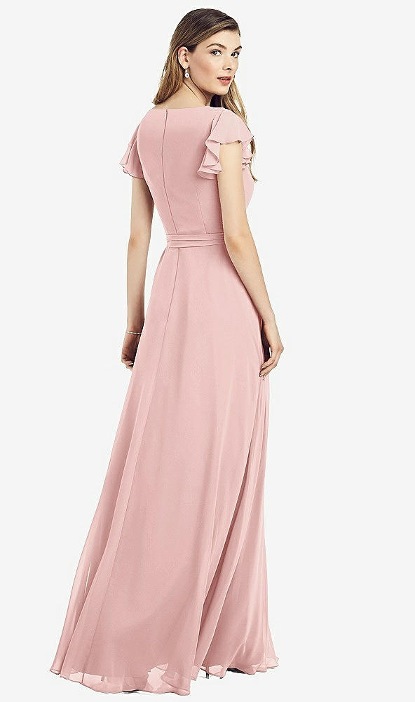 Back View - Rose Flutter Sleeve Faux Wrap Chiffon Dress