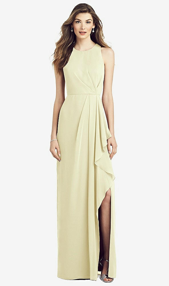 Front View - Butter Yellow Sleeveless Chiffon Dress with Draped Front Slit