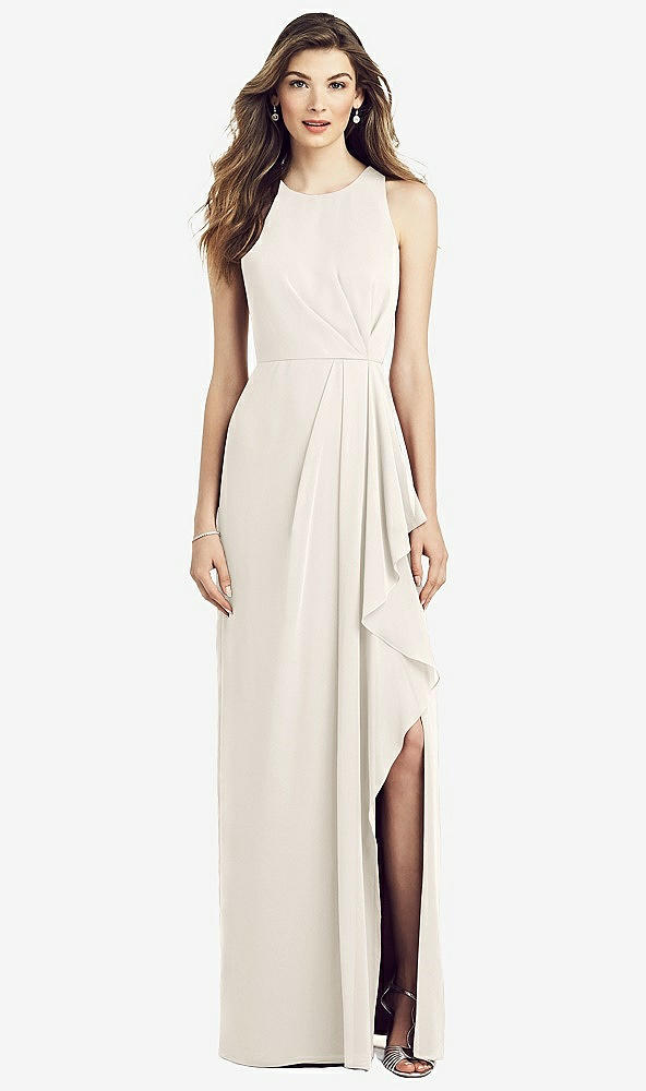 Front View - Ivory Sleeveless Chiffon Dress with Draped Front Slit