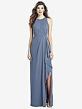Front View Thumbnail - Larkspur Blue Sleeveless Chiffon Dress with Draped Front Slit