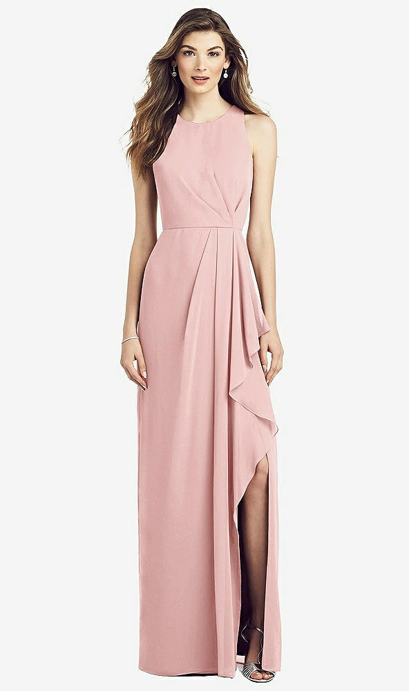 Front View - Rose Sleeveless Chiffon Dress with Draped Front Slit