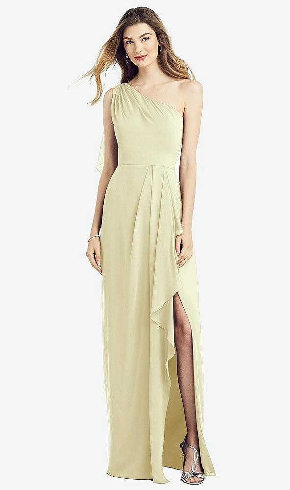 Front View - Butter Yellow One-Shoulder Chiffon Dress with Draped Front Slit