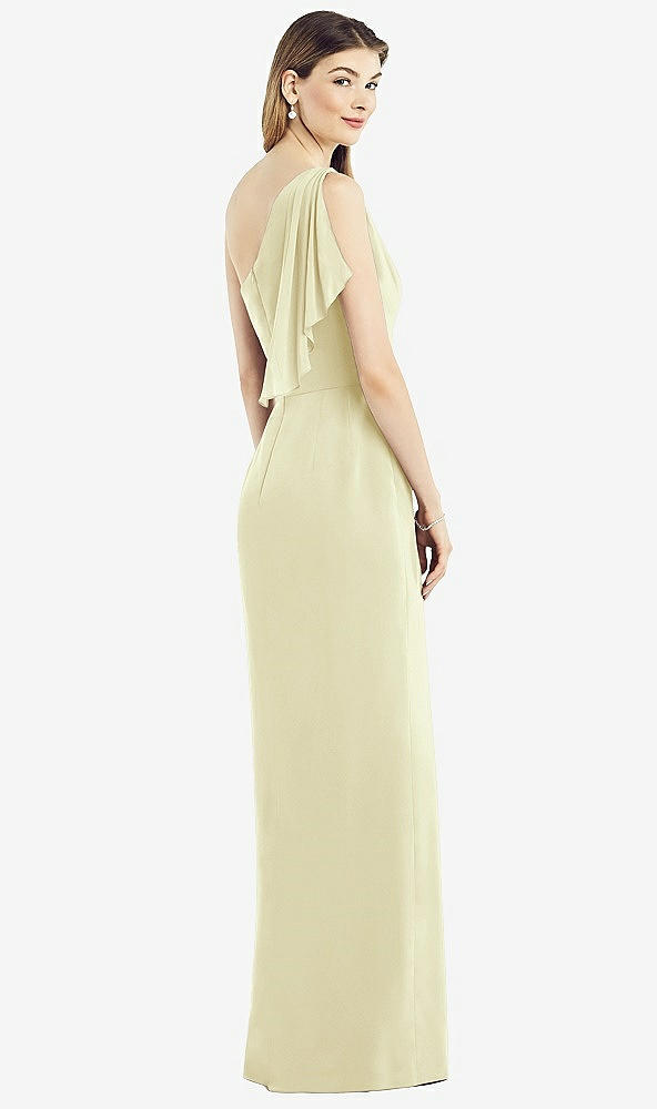 Back View - Butter Yellow One-Shoulder Chiffon Dress with Draped Front Slit