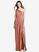 Front View Thumbnail - Desert Rose One-Shoulder Chiffon Dress with Draped Front Slit