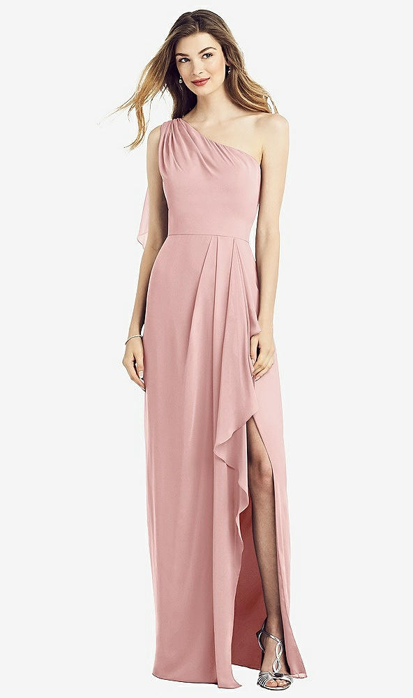 Front View - Rose One-Shoulder Chiffon Dress with Draped Front Slit
