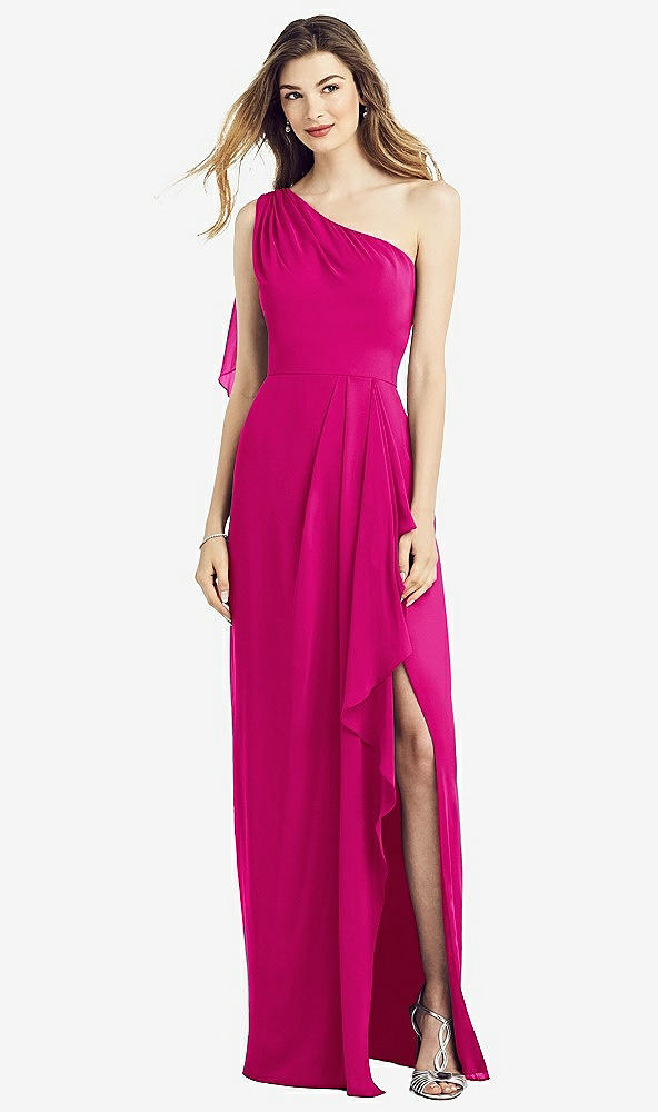 Front View - Think Pink One-Shoulder Chiffon Dress with Draped Front Slit