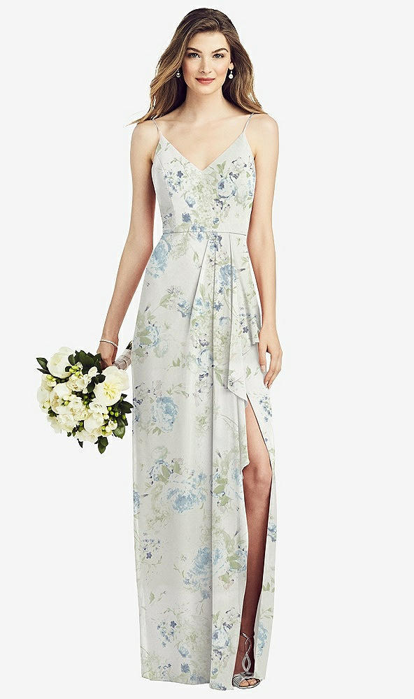 Front View - Bleu Garden Spaghetti Strap Draped Skirt Gown with Front Slit