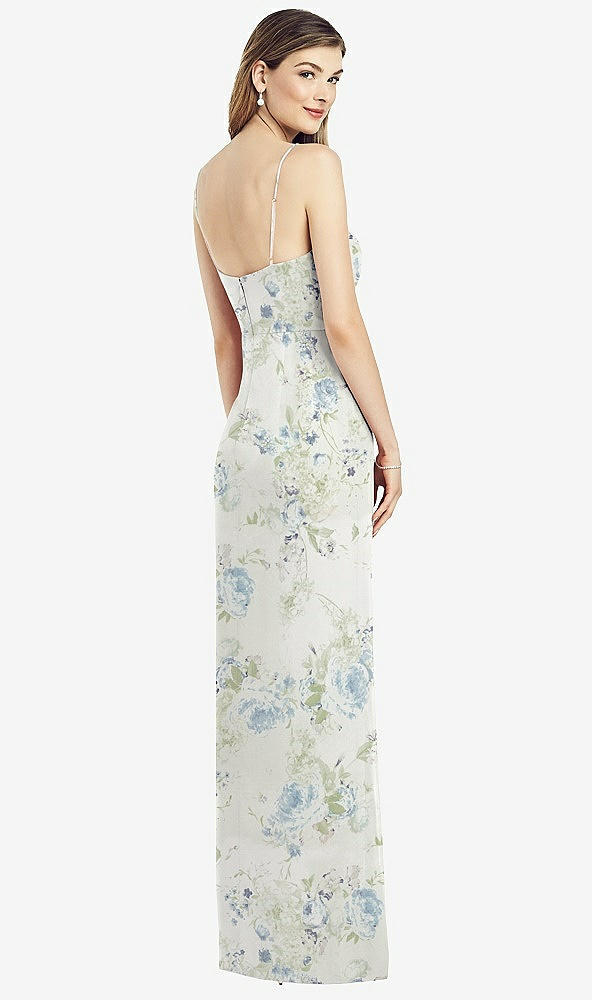 Back View - Bleu Garden Spaghetti Strap Draped Skirt Gown with Front Slit