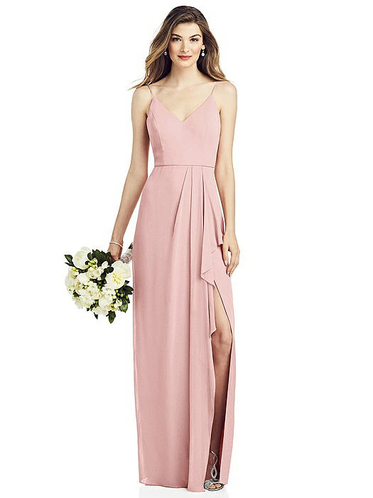 Spaghetti Strap Draped Skirt Gown with Front Slit