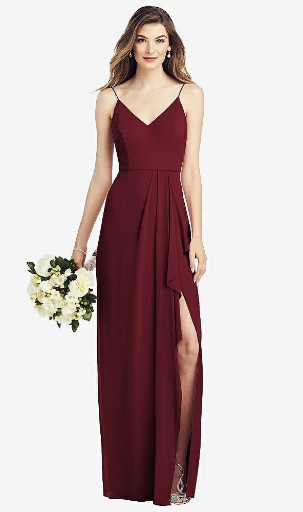 Front View - Cabernet Spaghetti Strap Draped Skirt Gown with Front Slit