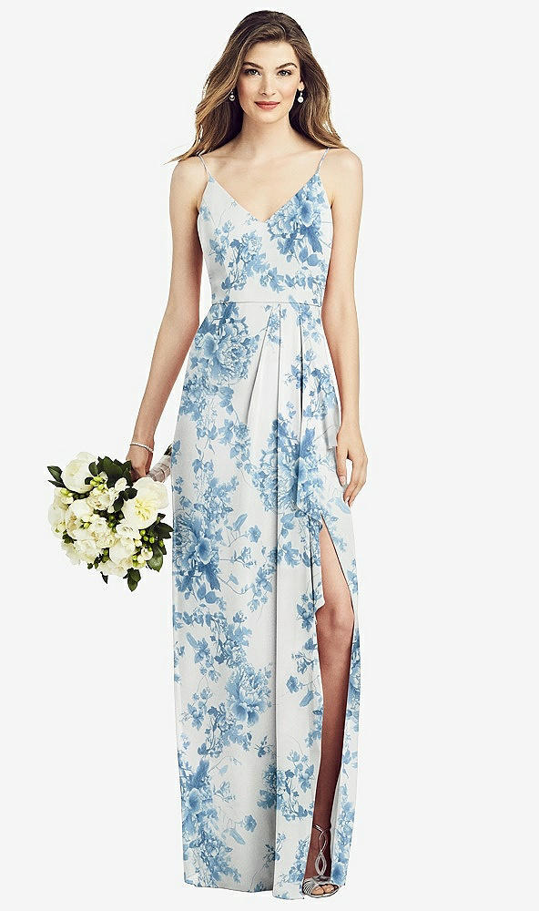 Front View - Cottage Rose Dusk Blue Spaghetti Strap Draped Skirt Gown with Front Slit