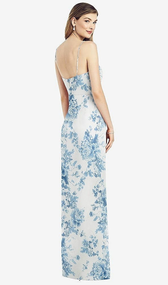 Back View - Cottage Rose Dusk Blue Spaghetti Strap Draped Skirt Gown with Front Slit