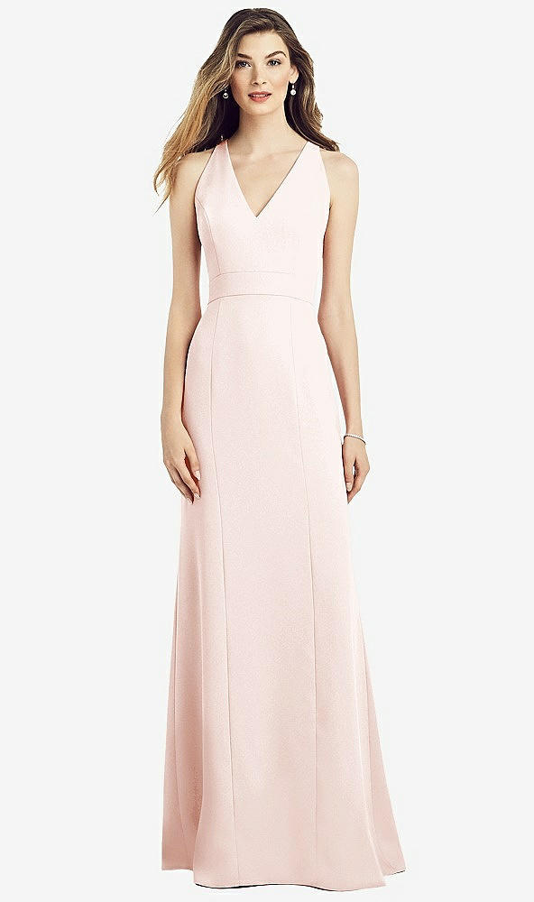 Front View - Blush V-Neck Keyhole Back Crepe Trumpet Gown