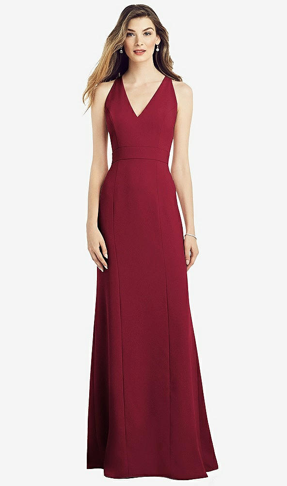 Front View - Burgundy V-Neck Keyhole Back Crepe Trumpet Gown