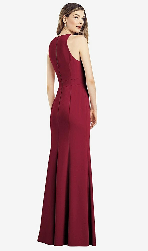 Back View - Burgundy V-Neck Keyhole Back Crepe Trumpet Gown