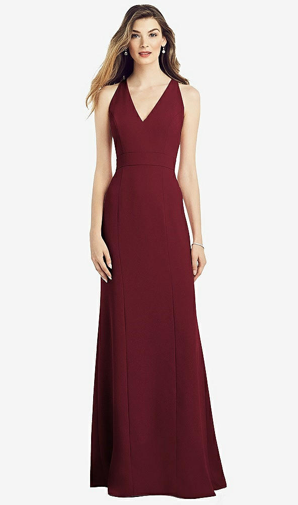 Front View - Cabernet V-Neck Keyhole Back Crepe Trumpet Gown