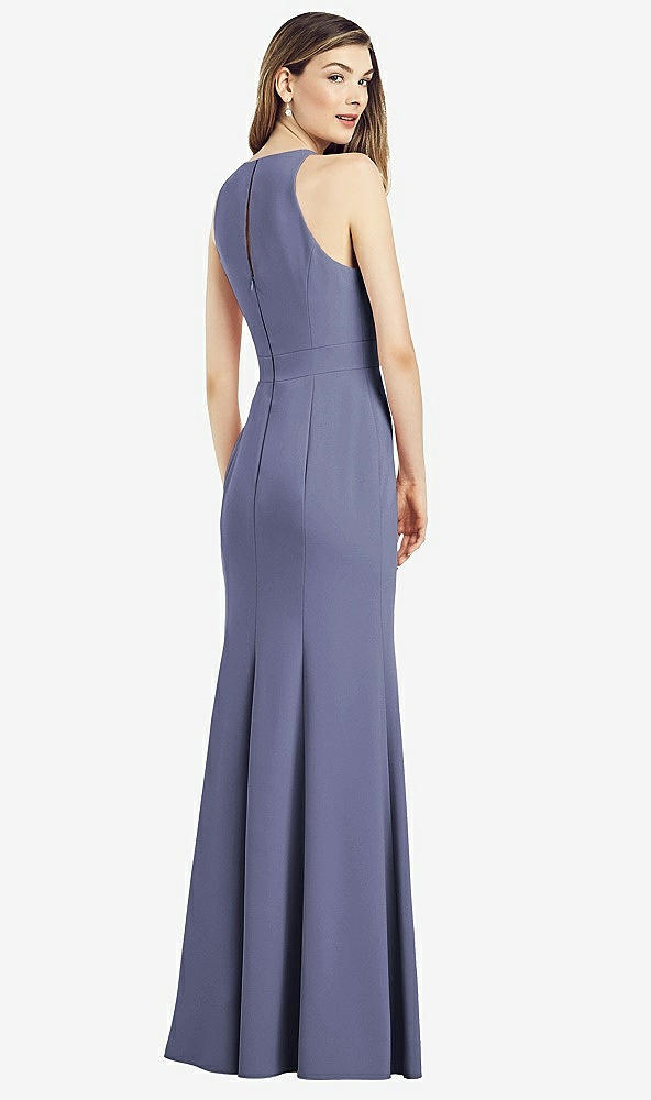 Back View - French Blue V-Neck Keyhole Back Crepe Trumpet Gown