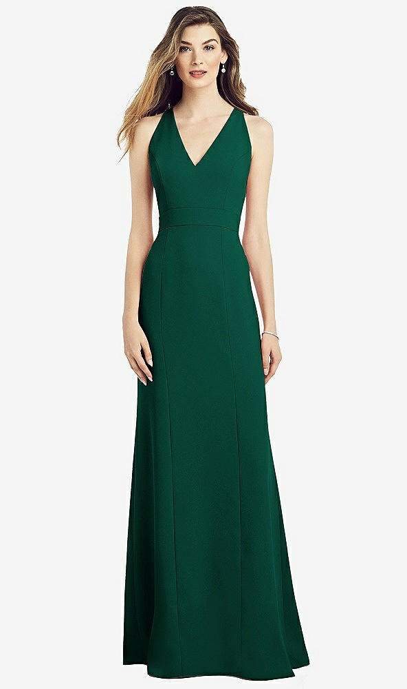 Front View - Hunter Green V-Neck Keyhole Back Crepe Trumpet Gown