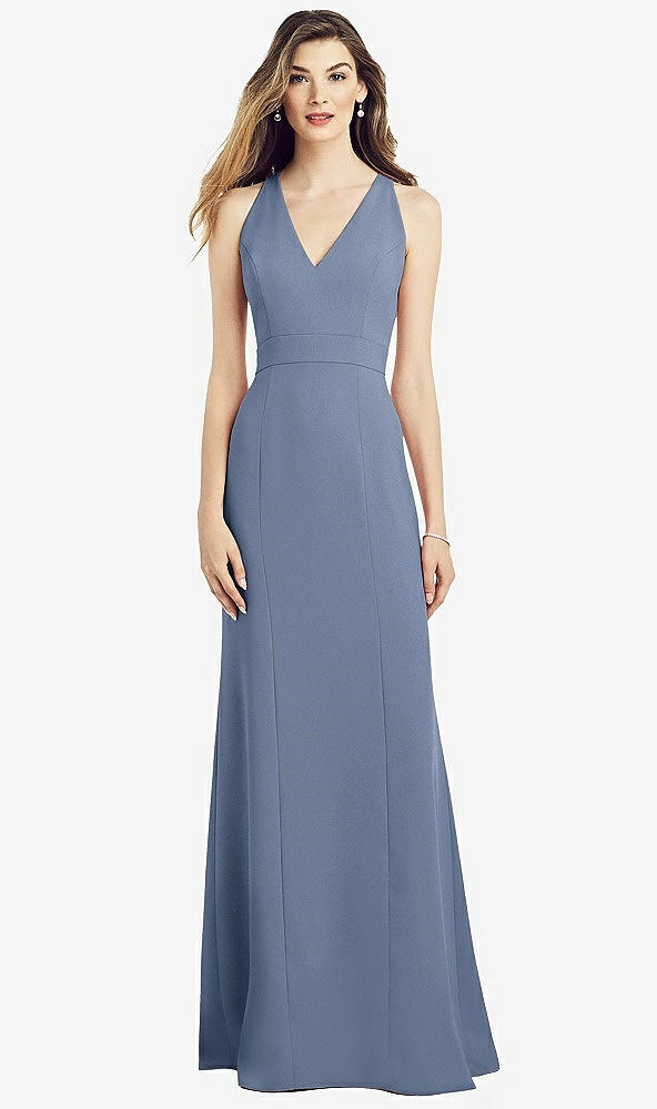Front View - Larkspur Blue V-Neck Keyhole Back Crepe Trumpet Gown