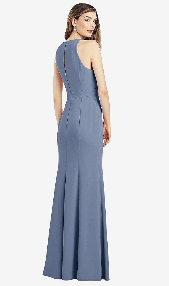 Back View - Larkspur Blue V-Neck Keyhole Back Crepe Trumpet Gown
